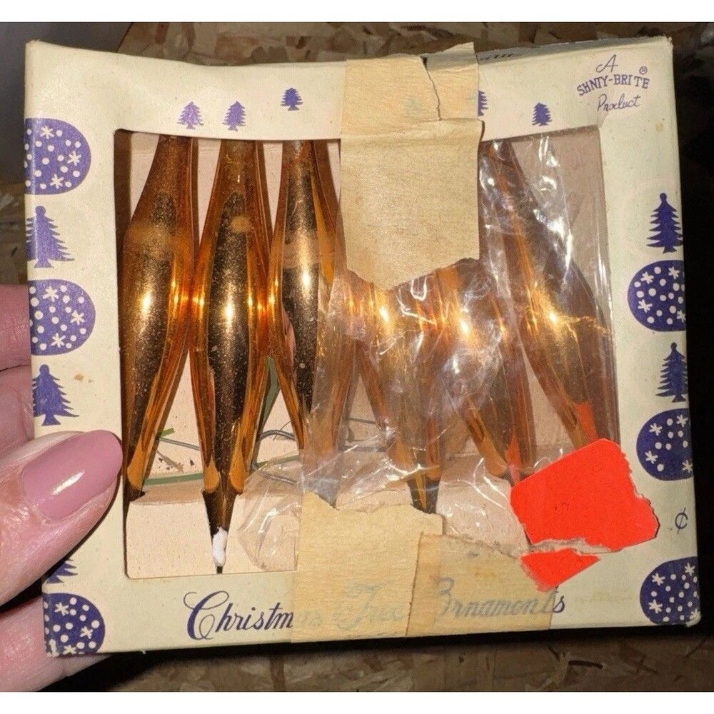 Vtg SHINY BRITE BOX OF 6-Teardrop MINIATURE ORNAMENTS Gold Orangish *flaw 1 tip